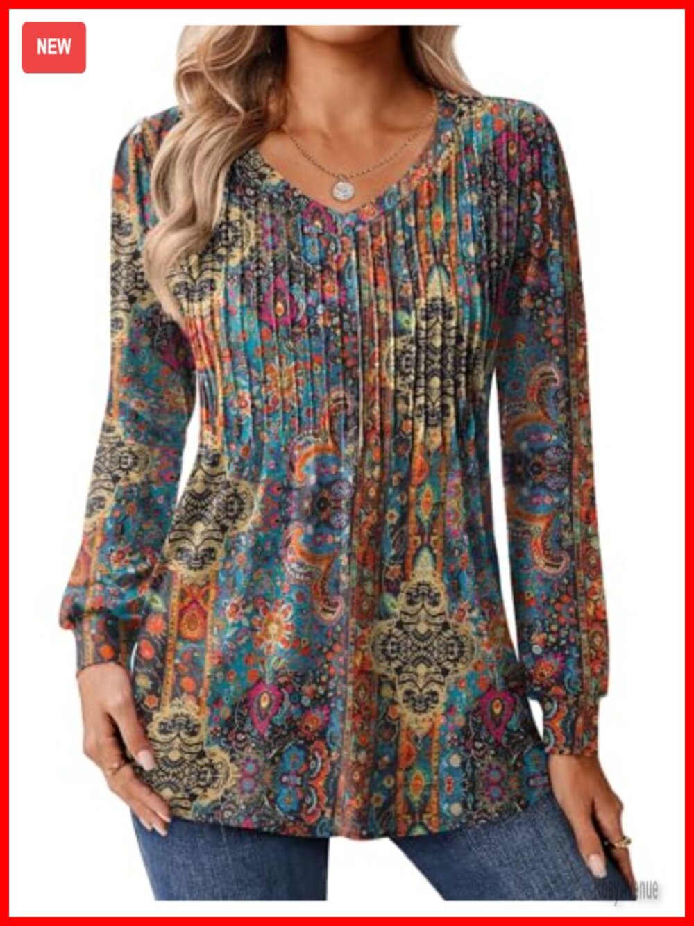 Womens Long Sleeve V Neck Pleated Floral Boho Tunic Blouse Fall Top